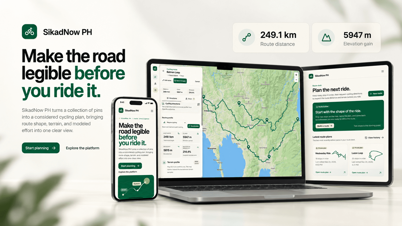 SikadNow PH product presentation showing a cycling route map, private route dashboard, and mobile landing page.