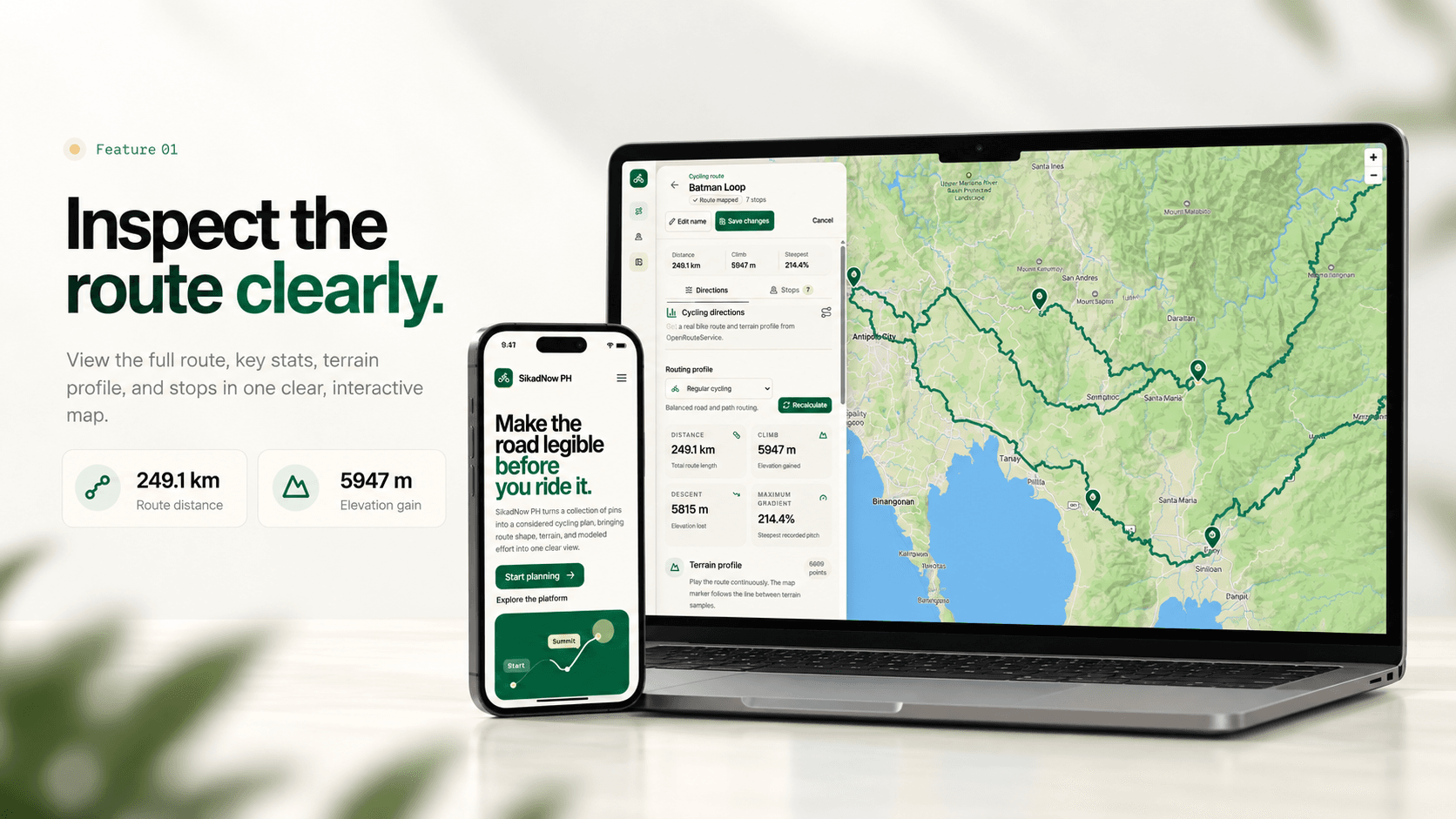 SikadNow PH map-first route workspace with ordered stops, cycling directions, and terrain information beside a mobile presentation.