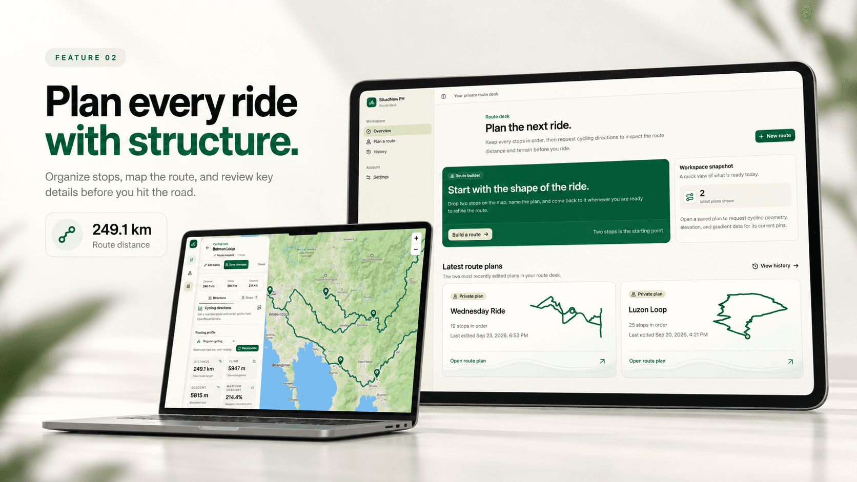SikadNow PH private route dashboard with saved route previews, alongside a laptop displaying a cycling route map.